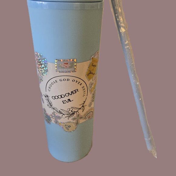 Skinny Tumbler Choose God Over Devil – Blue 20oz Mug with Straw – Christian - Picture 5 of 6